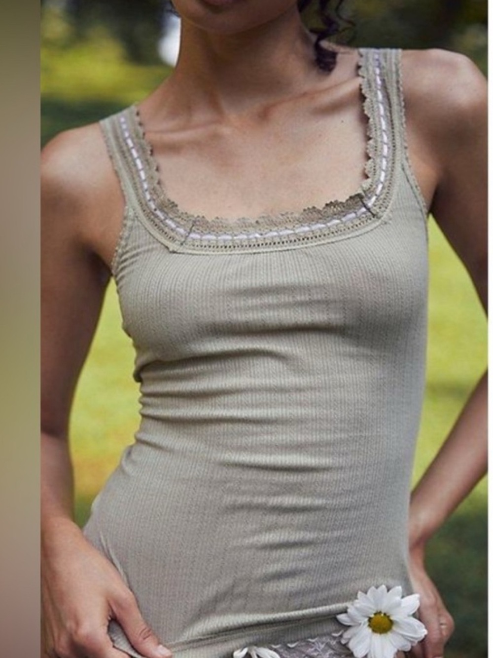 Free People Green Ribbed Lace-Trim Tank Top